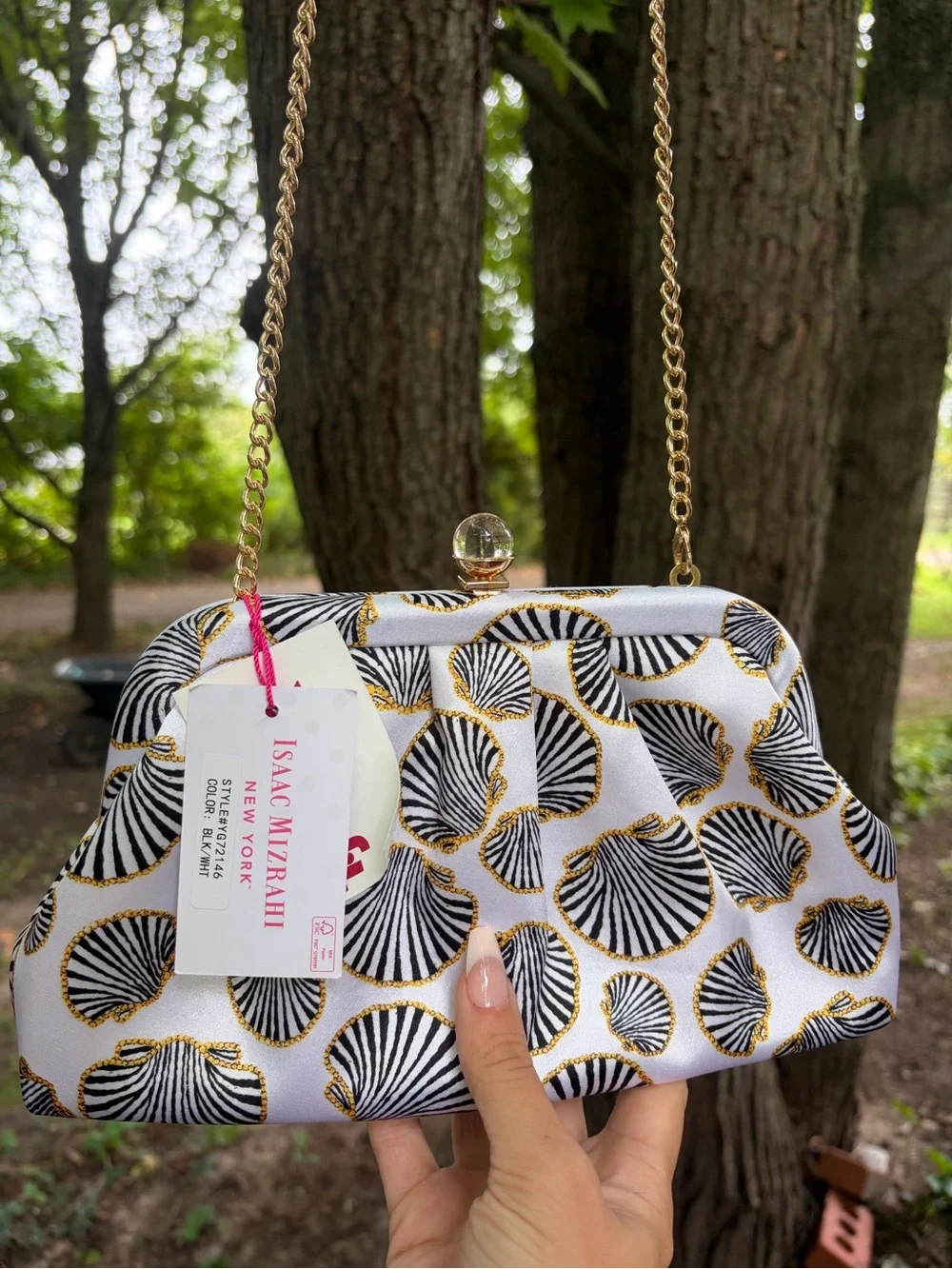 Isaac Mizrahi White Satin Shell-Print Clutch with Gold Chain